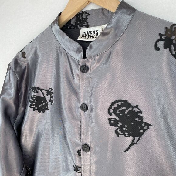 CHICO'S DESIGN Tunic 3 XL/16 Floral Jacquard Jacket Mandarin Button Front Gray - Picture 2 of 16